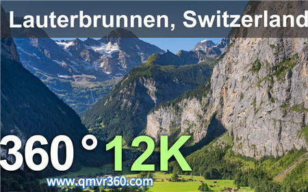 360°全景VR视频：瑞士劳特布龙嫩 有瀑布和山峰的山谷 航拍360度视频_超清 4K 1026-04